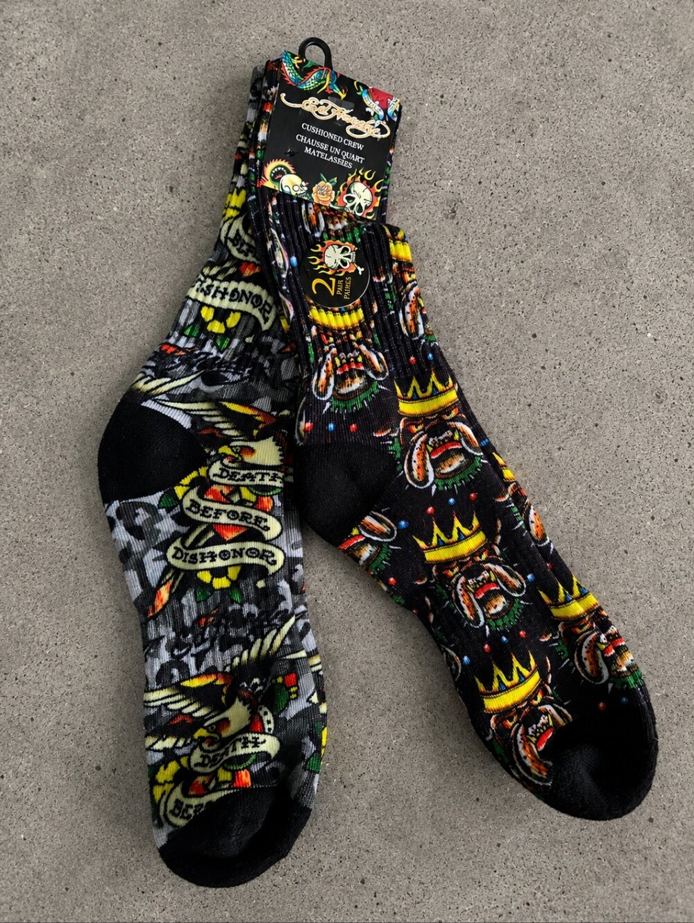 Ed Hardy Black Multicolor Socks 2 Pair Dog Heart Skull Gothic Y2K Edgy